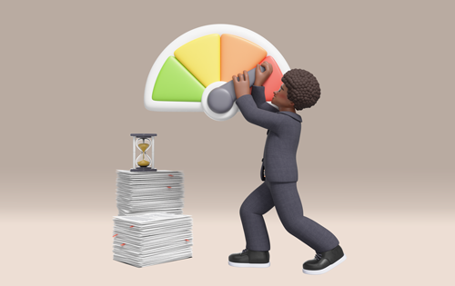 Pessoa sobrecarregada com papéis e medidor de exaustão ao fundo, representando burnout no ambiente de trabalho.