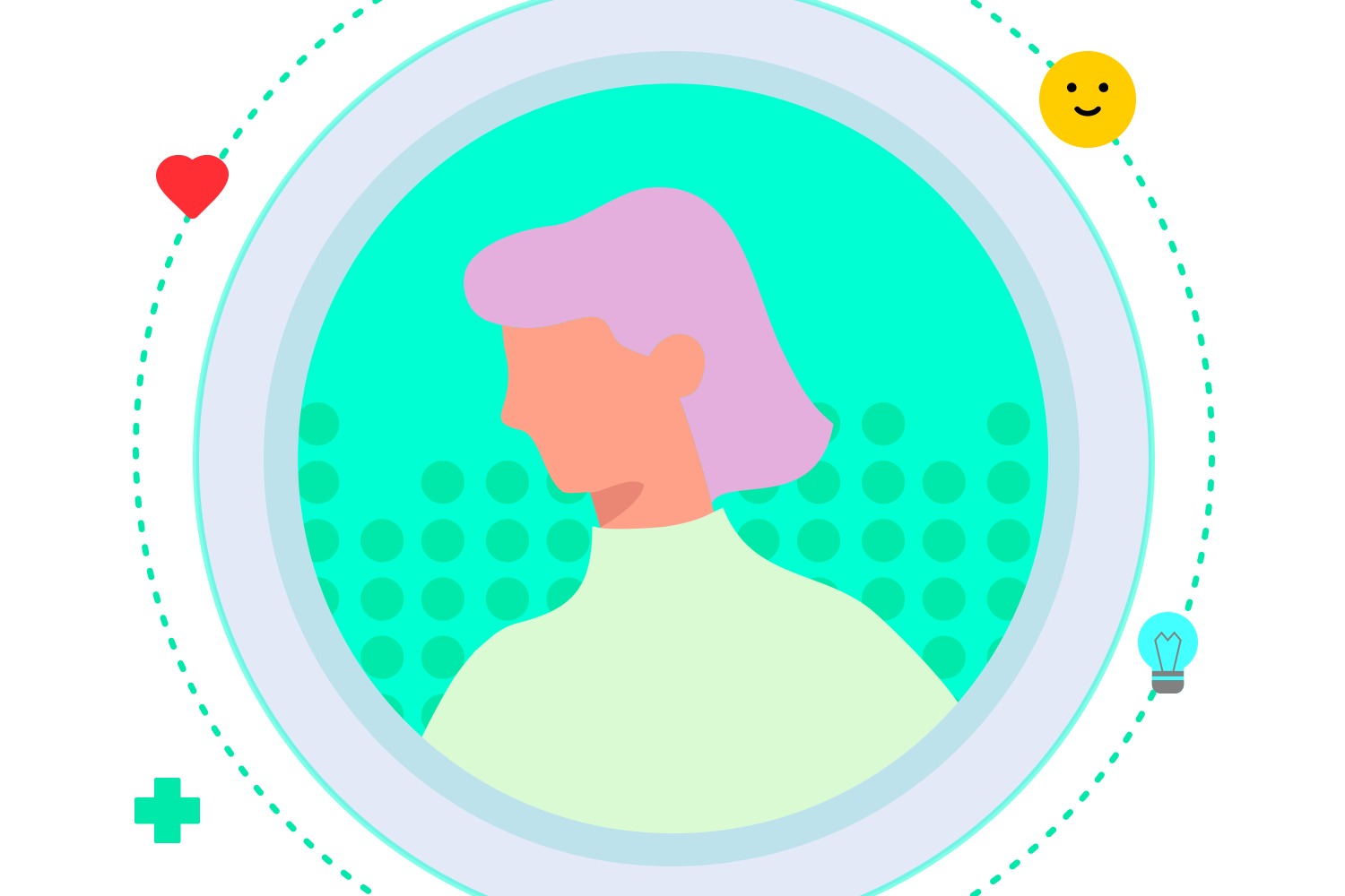 Ilustração da Liz, assistente virtual da Zelluz para apoio emocional, com ícones representando saúde, emoções e tecnologia.