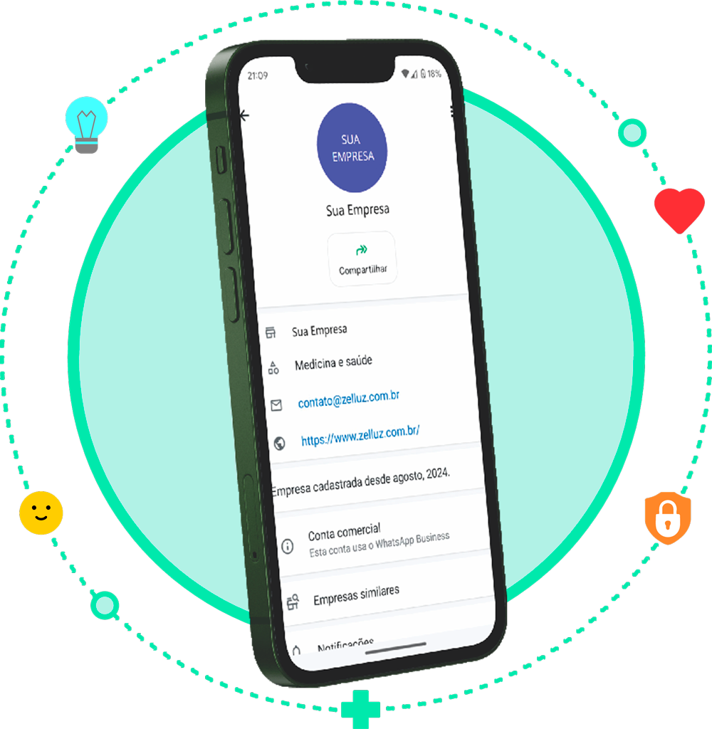 Interface da plataforma Zelluz exibida em um celular, cercada por ícones de saúde, segurança, bem-estar e emoções.